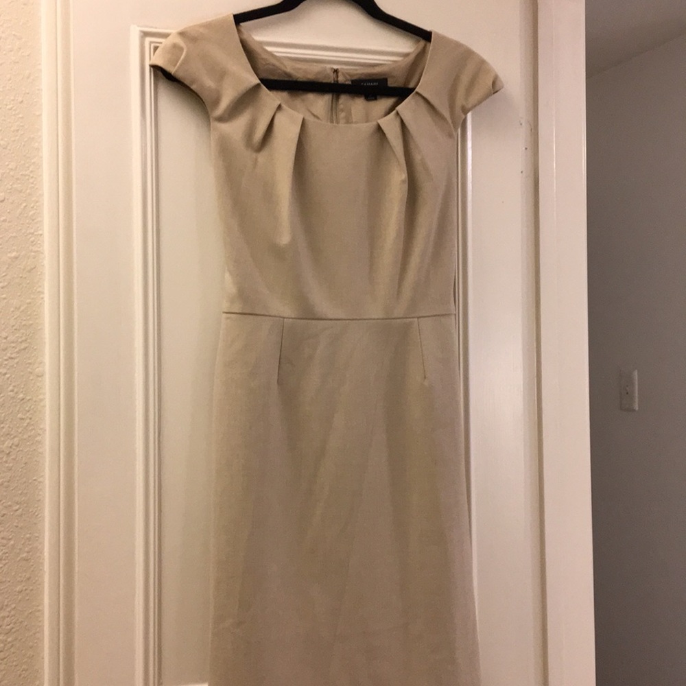 Tahari taupe business dress, pleating